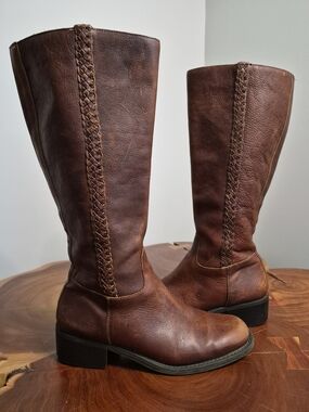 Nicole Braided Leather Riding Boots Brown - 8